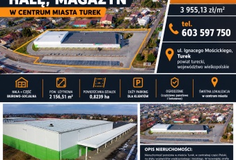Sprzedam lub wynajmę halę, magazyn w centrum-Turek