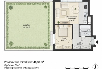 2 pokoje | 47m² | ogród ok. 70 m² | hala garażowa 